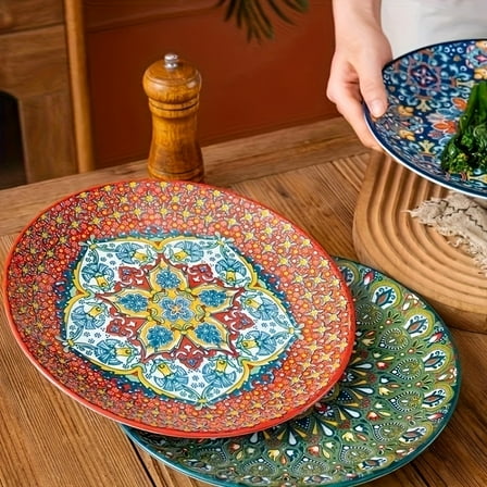 6-Piece Bohemian Ceramic Dinnerware Set - 8-Inch Plates - Dishwasher/Microwave/Oven Safe - For Home & Restaurants - Perfect Holiday Gift