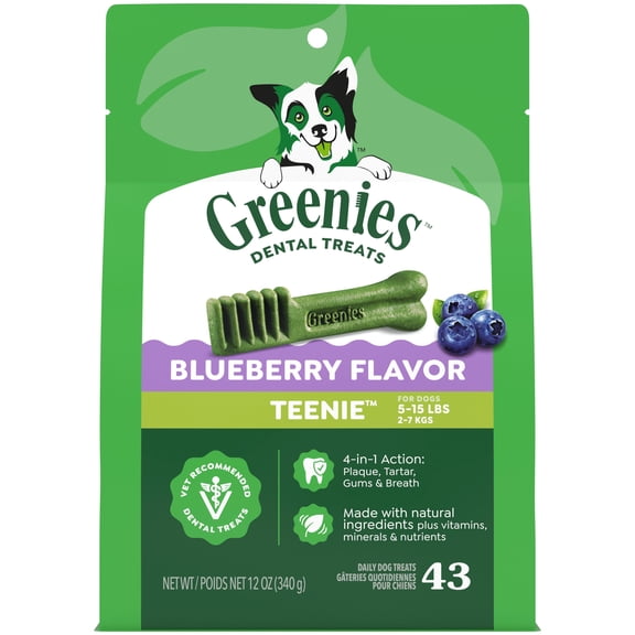 Greenies Blueberry Flavor Adult Natural Dental Dog Treats Teenie Size, 12 oz Pack (43 Count)