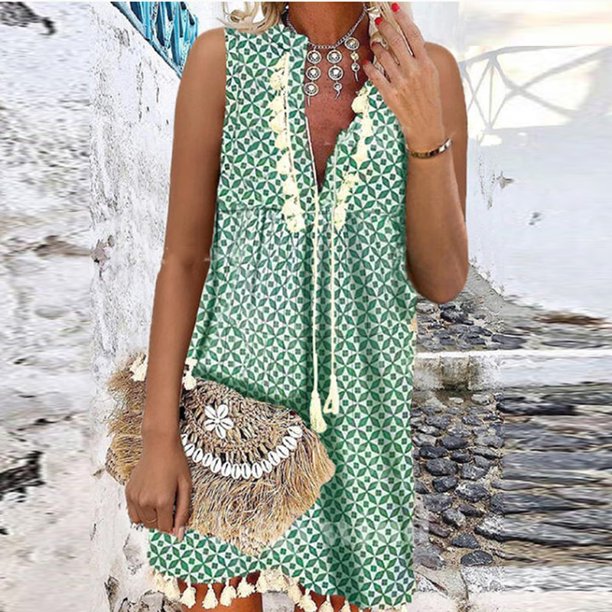 Vintage Women Floral Print A-Line Party Dress Summer V Neck Lace Up Tassel Mini Dress Elegant Sleeveless Sexy Ladies DressesM Gao Jinjia LED