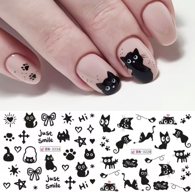 12pcs Cartoon Cute Cat Stickers For Nails Star Flower Bow Nail Water Decals Sliders Korean Japanese Nail Art Manicure Decoration