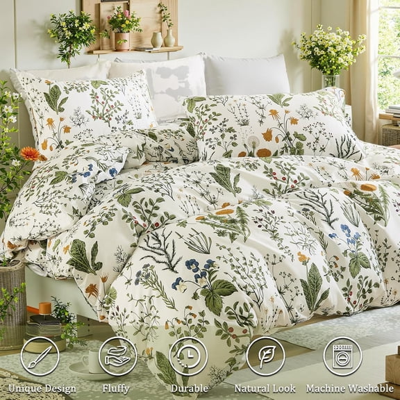 Duvet Cover Queen Size - Cotton Reversible Floral Queen Duvet Cover Set with Zipper Closure, 3 Pieces Soft & Breathable Green Bedding Set for All Seasons