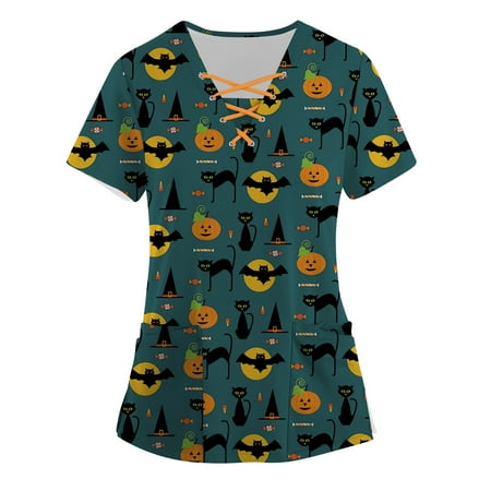 

purcolt Scrubs for Women Halloween Print Professional Scrubs Tops Short Sleeve V Neck Bandage Nursing Workwear Tunic Working Uniform Blouse Medical Blouse with Pockets