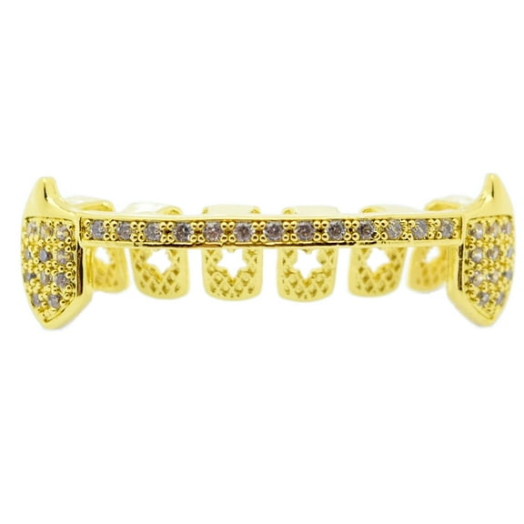14k Gold Plated Grillz Fangs CZ Cubic Zirconia Bottom Lower Half Teeth Slim Bar Vampire K9 Hip Hop Grills