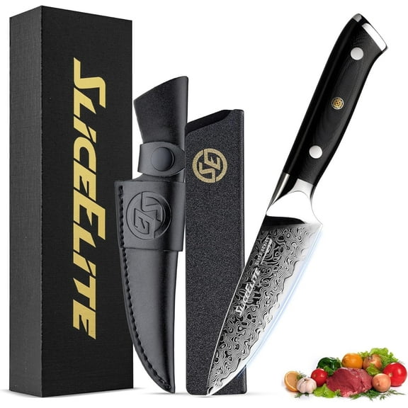 SliceElite Elite Series 3.5-Inch Damascus Paring Knife – VG10 Steel Blade with G10 Handle, Dual Sheaths, and Polishing Cloth