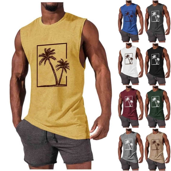 RYDCOT Men's Quick Dry Workout Cotton Tank Top Gym Muscle Tee Fitness Bodybuilding Palm Tree Print Sleeveless T Shirt Yellow
