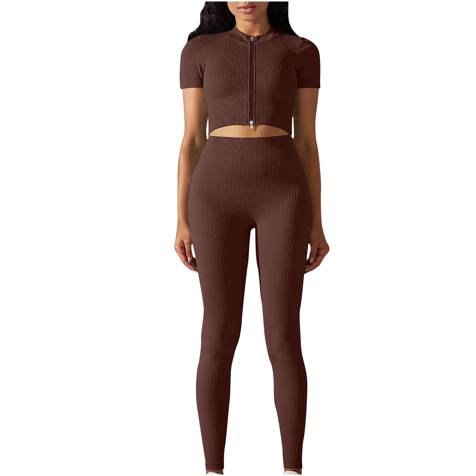 FAIWAD Womens Piece Slim Stretch Tracksuit Short Sleeve Zip Crop