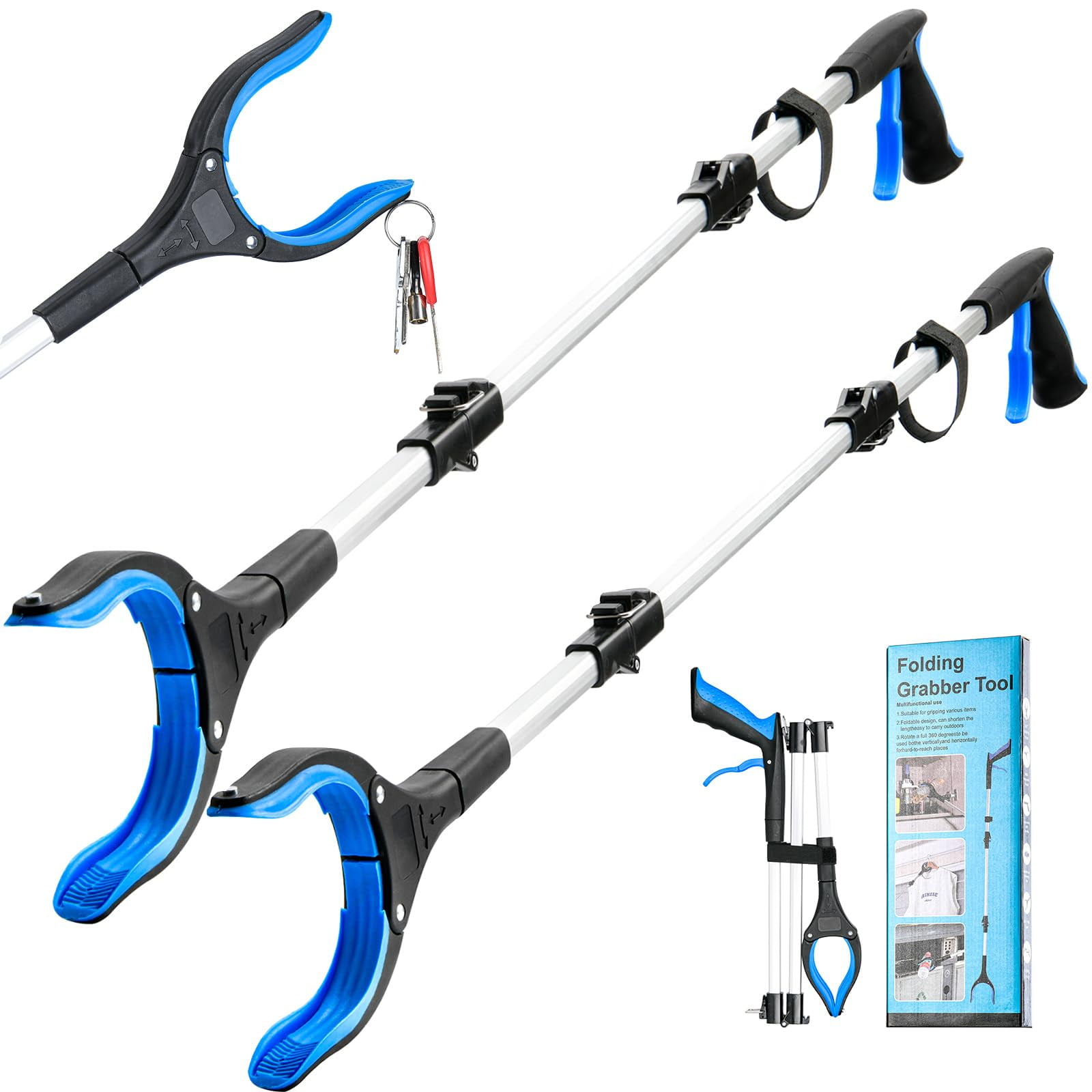 ALLJOY 2 Pack 43" Grabber Tool, Handheld Trash Claw Pick-up Stick Grabber, Long Heavy-Duty Aluminum Grabber, Suitable for Seniors, with 360-Degree Rotation, Anti-Slip and Magnetic Design, Blue