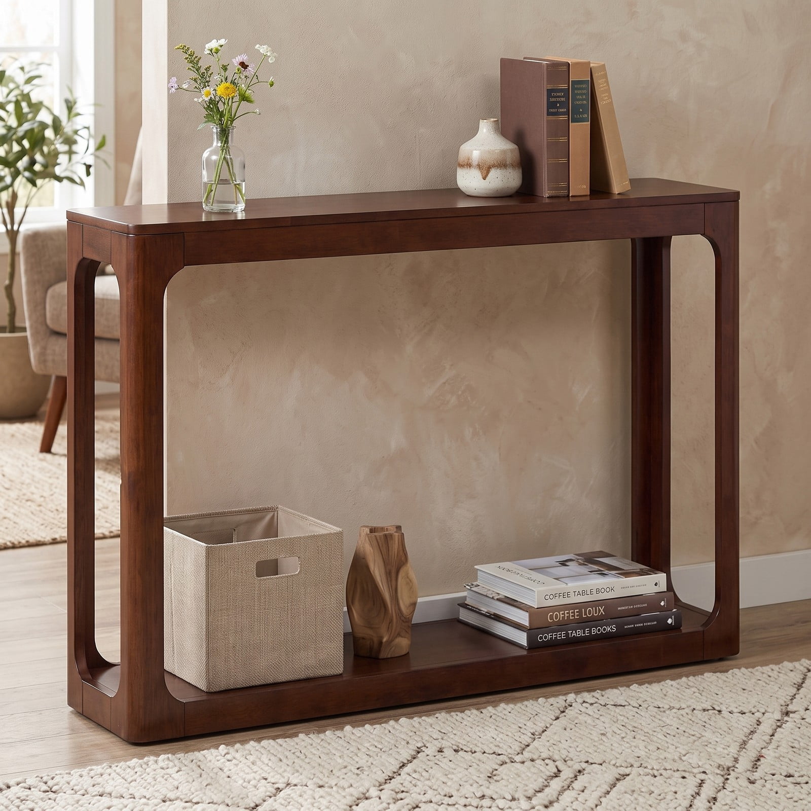 Furnibear 2-Tier Mid Century Wood Console Table with Open Storage Shelf and Solid Rubber Wood Frame for Foyer and Hallway, Brown