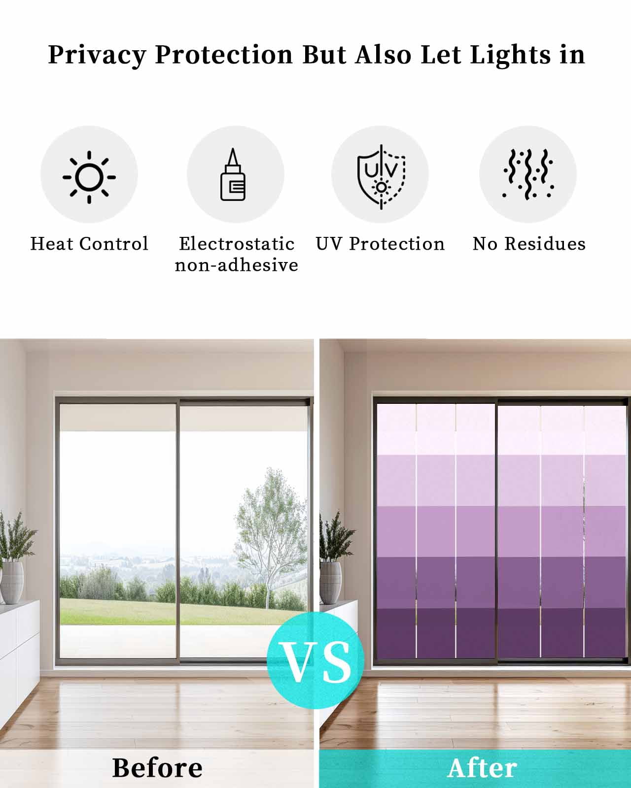 Window Privacy Film, Ombre Purple Grey UV Sun Blocking Window Tint Film Heat Control One Way Blackout Window Film, Simple Modern Farmhouse Stripes Non Adhesive Static Cling Window Sticker 23.6x59 In