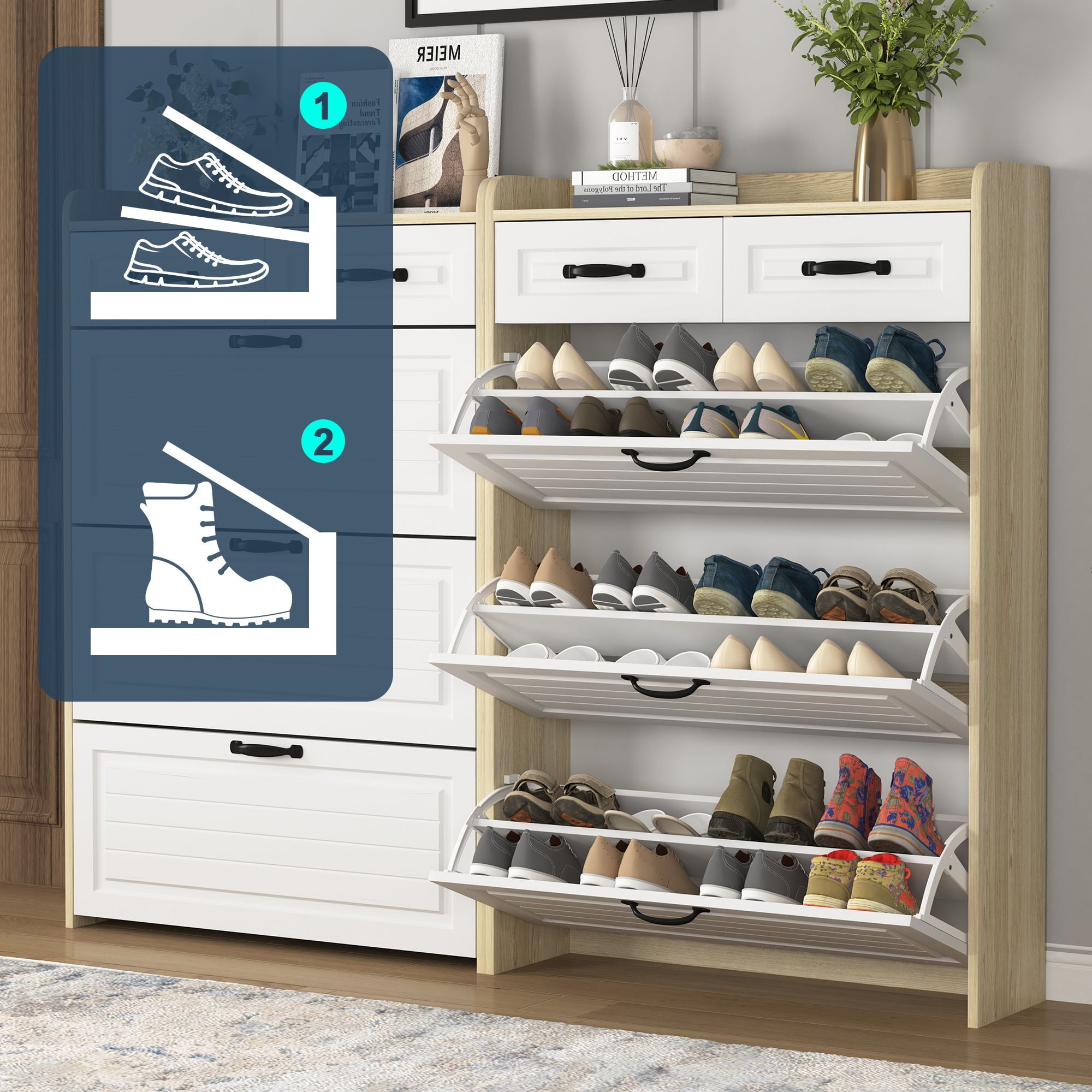 Demi Bonn Narrow Shoe Storage Cabinet, Shoe Cabinet for Entryway with 3 Flip Drawers, Wood Hidden Freestanding Shoe Organizer for Hallway, Bedroom, Apartment, Oak