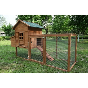 Outdoor Chicken Coop for 2-4 Chickens Wooden Hen House Poultry Pet Hutch Run Cage w/Waterproof Asphalt Roof, Ramp, Nesting Box, Wire Fence (80")