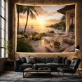 thumbnail image 6 of Sunset Over Ocean with Tropical Plants and Sailboat on a Stone Patio, Romantic Coastal for Beach Lovers, Luxury Villa Art, Housewarming Gift, Tapestry Wall Hanging for Bedroom and Living Room, 6 of 7