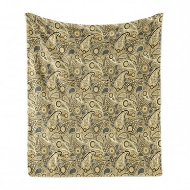 Paisley Soft Flannel Fleece Throw Blanket, Traditional Pattern with Flowers Leaves with Stripes Artwork Print, Cozy Plush for Indoor and Outdoor Use, 60" x 80", Brown Black and White, by Ambesonne