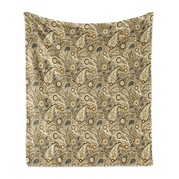Paisley Soft Flannel Fleece Throw Blanket, Traditional Pattern with Flowers Leaves with Stripes Artwork Print, Cozy Plush for Indoor and Outdoor Use, 60" x 80", Brown Black and White, by Ambesonne