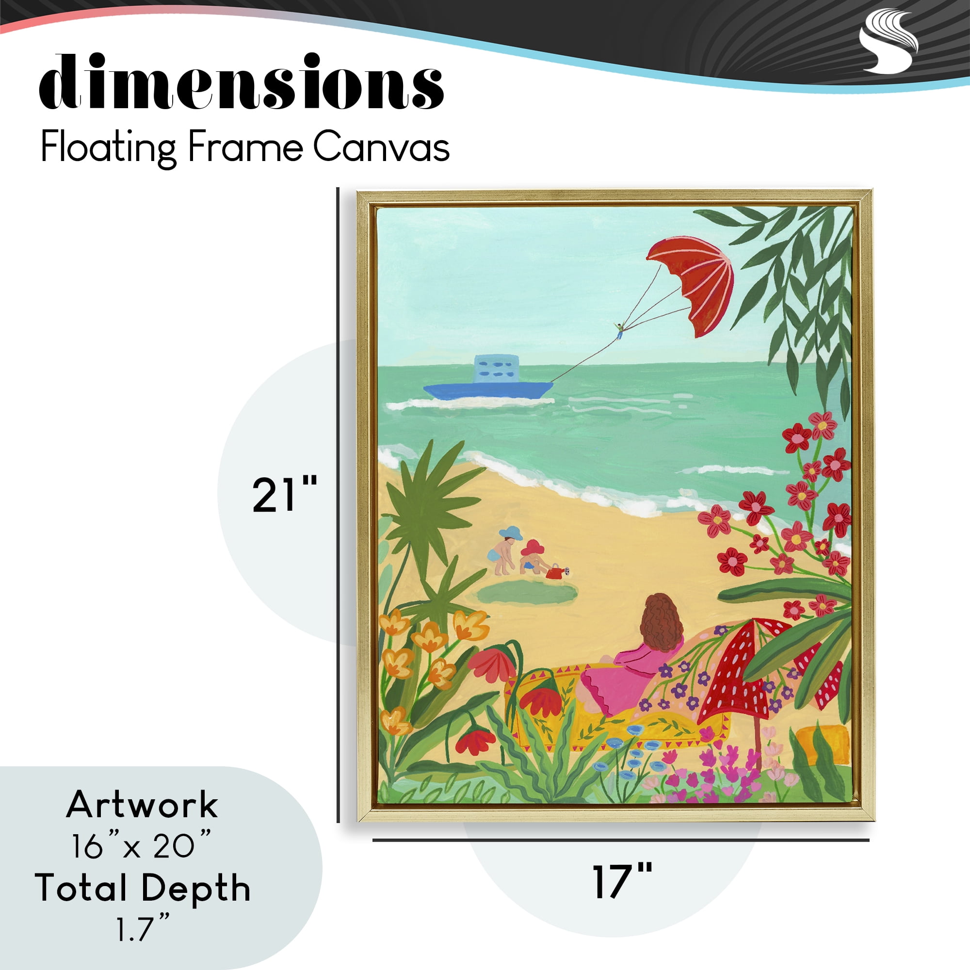 Beach And Flowers View Gold Framed Floater Canvas Wall Art, design by Nabeela Rumi