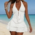 thumbnail image 3 of Womens 3 Piece Swim Suit, Textured Strap Backless Top Ruffled Skirt Bikini Bottom, Summer Travel Swimwear White S, 3 of 8