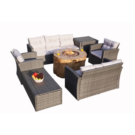 7-Piece Outdoor Sectional PE Rattan Conversation Sofa Set with Fire Pit Table Grey