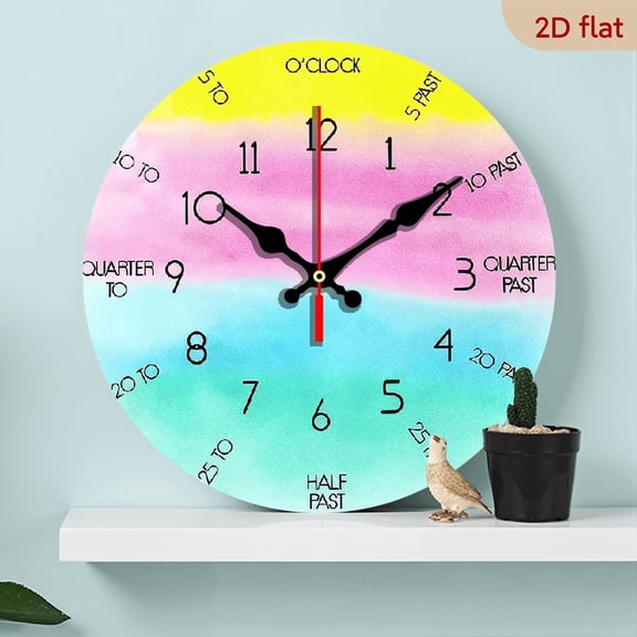 2D Flat 1pc 10Inch Wooden Round Clock, Colorful Creative Letter Design Theme Wall Clock, Silent Quartz Wooden Clock, Suitable for Bedroom Living Room Office Kitchen Bathroom