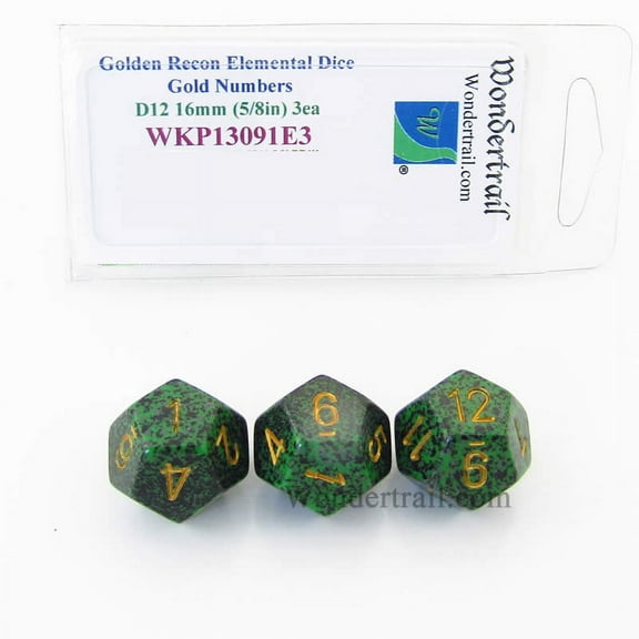 Golden Recon Elemental Dice with Gold Numbers 16mm (5/8in) D12 Pack of 3 Wondertrail