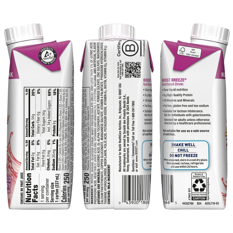 Boost Breeze Clear Nutritional Drink, 9g Protein, 250 Calories, 2 Flavor  Variety Case (Orange & Wild Berry), 8 fl oz, Pack of 24