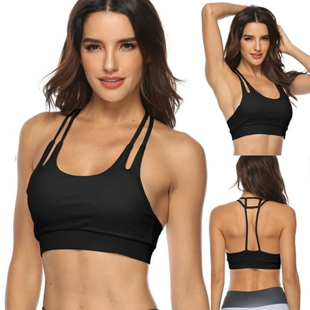 

YMH Sexy Women Cross Open Back Quick Dry Padded Bra Workout Running Yoga Crop Top
