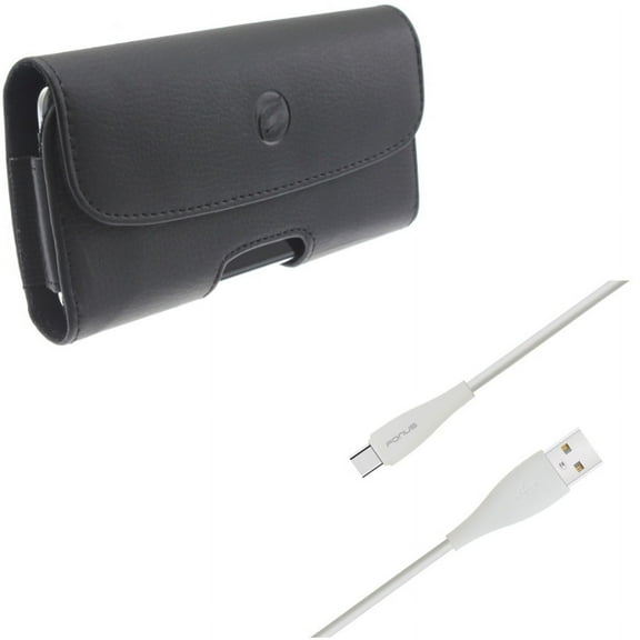 Black Horizontal Leather Case Side Cover w TPE 6ft Long Type-C USB Cable Sync Wire Z5X for Alcatel 7 - Coolpad Legacy - Nokia 3.1 Plus - OnePlus 7 Pro - Samsung Galaxy S10 5G Note 9 8 A9