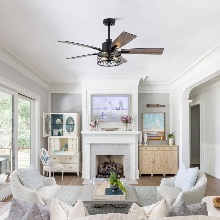 52\" Farmhouse Ceiling Fans With Lights, Caged Ceiling Fan With...
