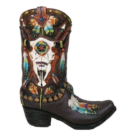 Southwest Turquoise Feathers Cow Skull Crossed Arrows Cowboy Boot Vase Holder