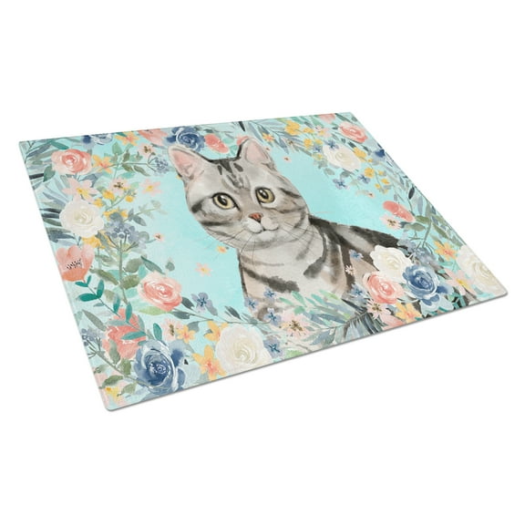 Carolines Treasures CK3388LCB Shorthair Spring Flowers Glass Cutting Board Large, 12H x 16W, multicolor