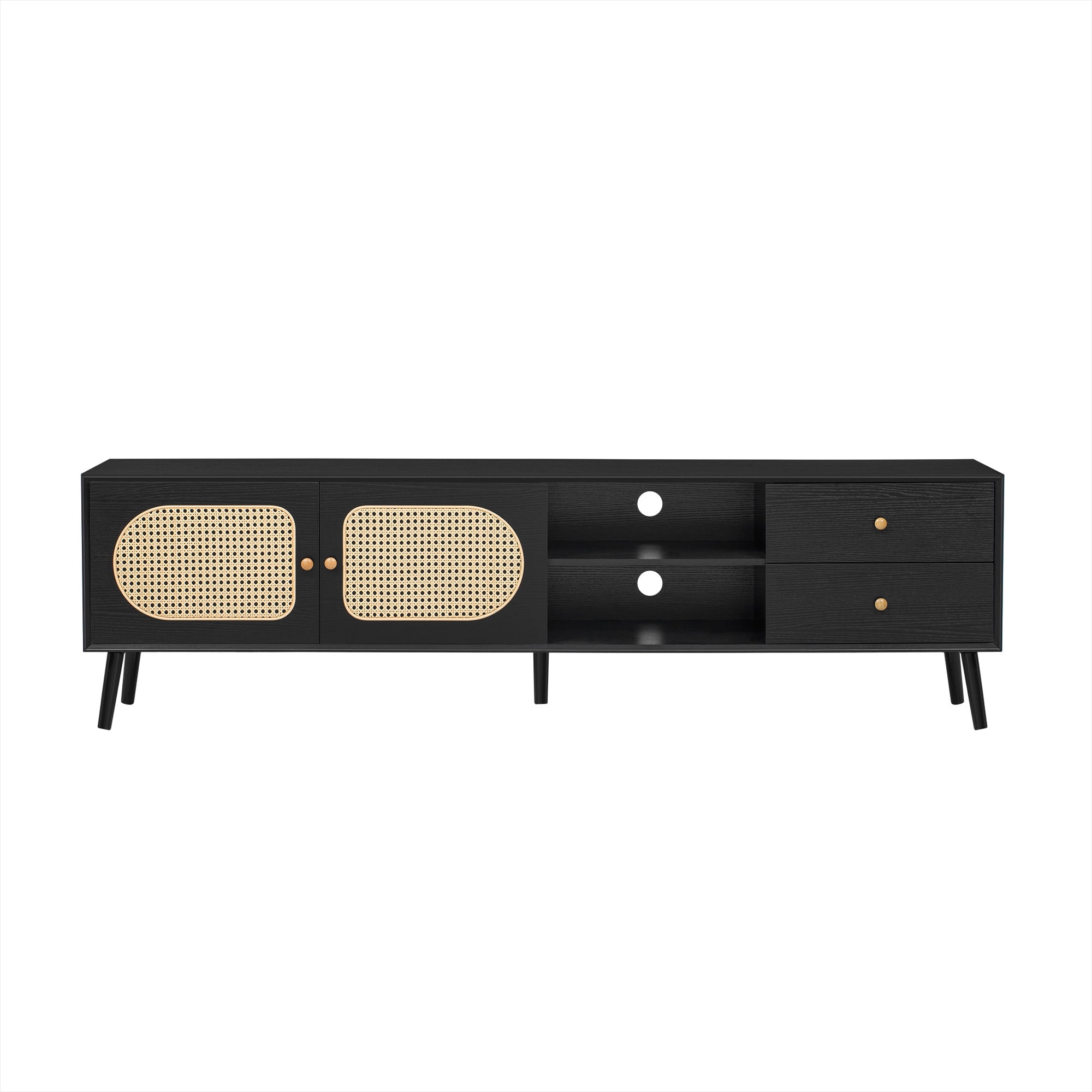 PAPROOS TV Stand for 80 inch TV, TV Cabinet with 2 Drawers & Rattan Door, Mid Century TV Console Table with Storage Cabinets, Entertainment Center for Living Room, Office, Black