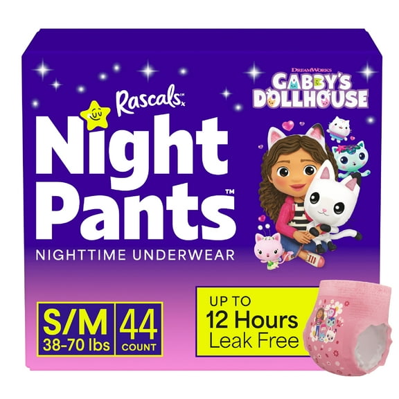 Rascals Night Pants, Absorbent Girls Nighttime Bedwetting Underwear, Gabby's Dollhouse, S/M (38-70 lbs), 44 Count