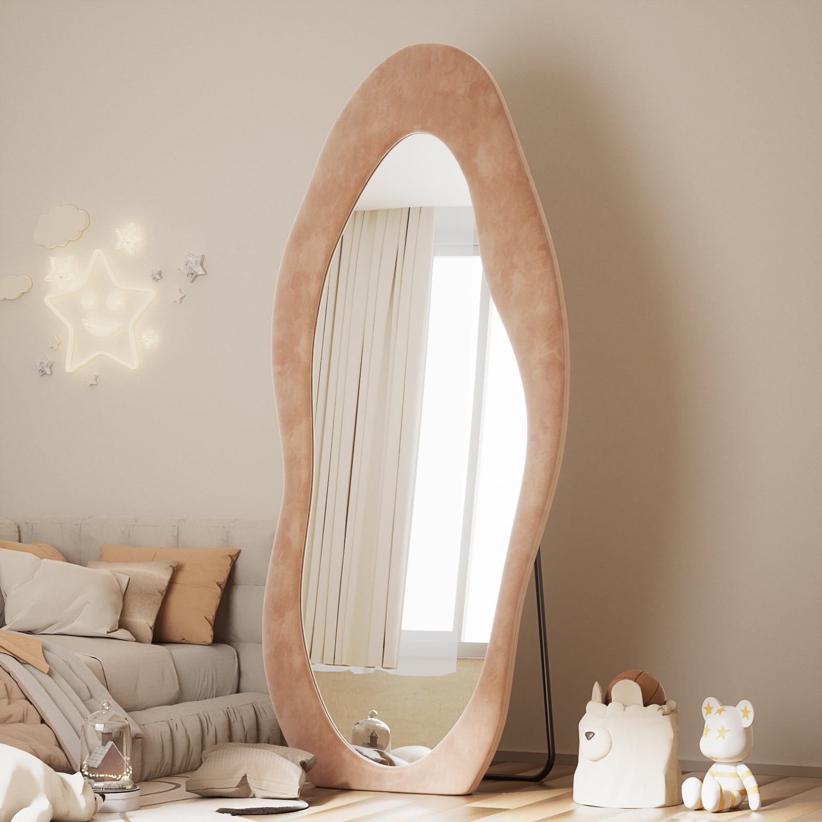 Anyrose 71"x30" Full Length Mirror Irregular Cloud Floor Mirror With Flannel Frame, Light Brown