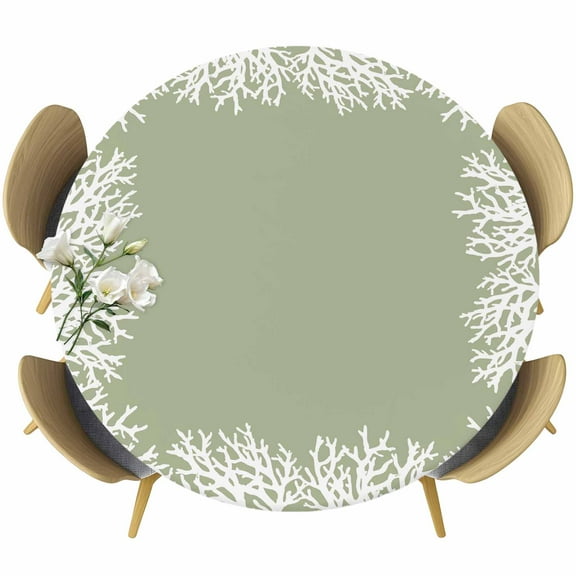 Coastal Coral Fitted Tablecloth with Elastic Edged, Round Table Cloth for Dining Table, Sage Green Ocean Marine Nautical Beach Waterproof Oil Proof Table Cover for Indoor Outdoor 55"-60"
