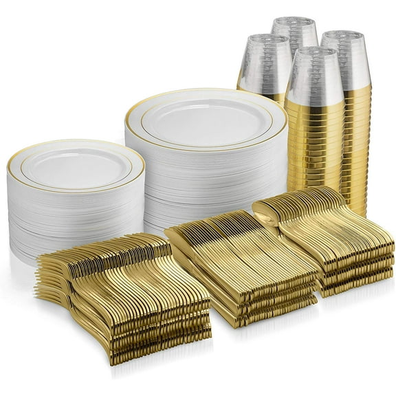 Munfix 600-Piece Plastic Dinnerware Set, Disposable - 100 Gold Rimmed 10" and 7" Plates, 300 Silverware, 100 Cups for 100 Guests