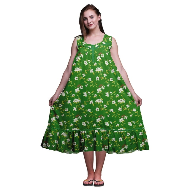 Bimba Robe de Nuit Mi-Mollet Verte à Feuilles Florales et Fleurs Blanches pour Femmes, Coton Imprimé, Sans Manches, Maxi, Taille Très Grande