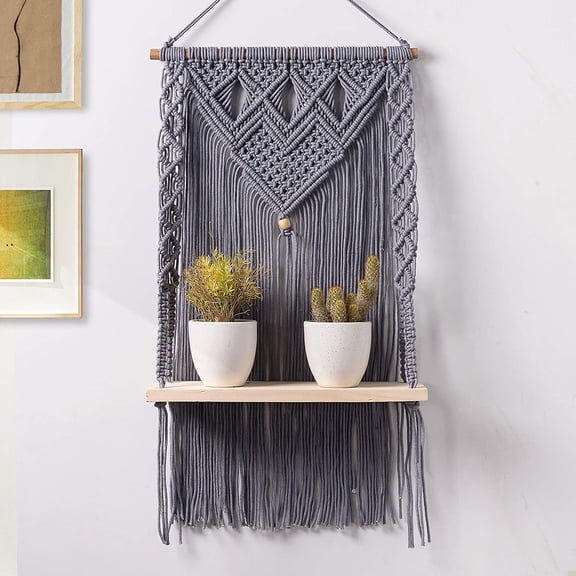 FineArt Wall Hanging Shelf Cotton Rope Bohemian Style Decor Handmade Boho Shelf with 1 Shelves for Plants and Decor Tapestry Tassel Wall Floating Hanger for Home Decor (Style 7)(Bluish Grey)