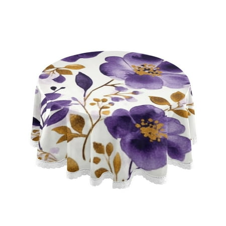 

60 Round Tablecloth with White Lace Trim Wrinkle & Heat-Resistant Table Cover for Dining and Home Decor Purple and Gold Floral