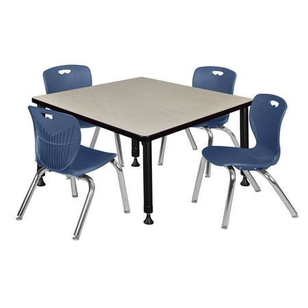 UPC: 0192357039144 | Regency Kee 42  Square Height Adjustable Classroom Table – Maple & 4 Andy 12-in Stack Chairs- Navy Blue