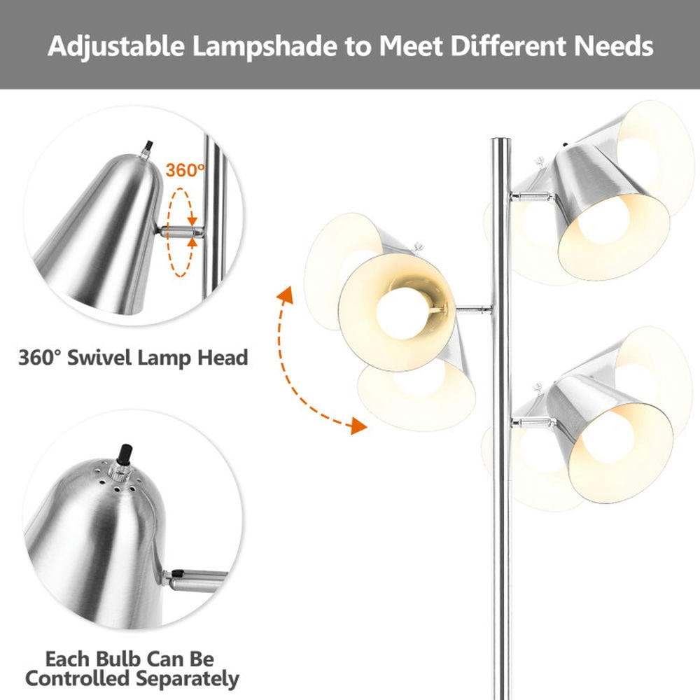 Resenkos Modern Floor Lamp, Pole Lamp,64 Inch 3-Light LED Floor Lamp Reading Light for Living Room Bedroom-Silver