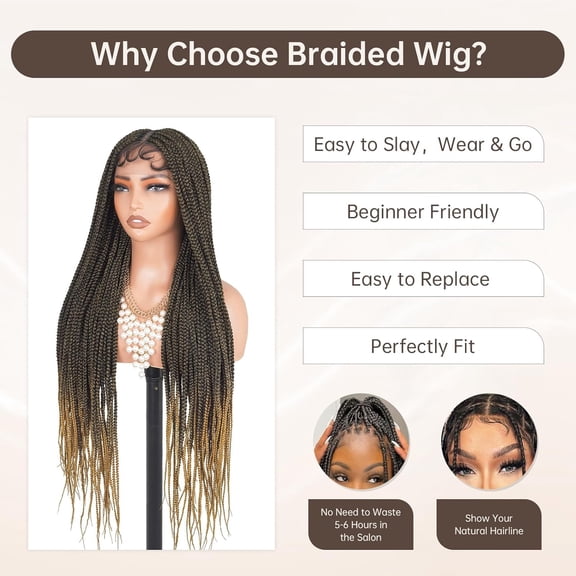 Box Braided Wig Full Double Lace Glueless Braids Wig with Baby Hair Human Hair Blended Synthetic Black Braided Wig for Black Women (1B27, 30 Inch)