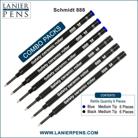 6X Schmidt 888 M Safety Ceramic Rollerball Refill Blue/Black Ink Medium Tip