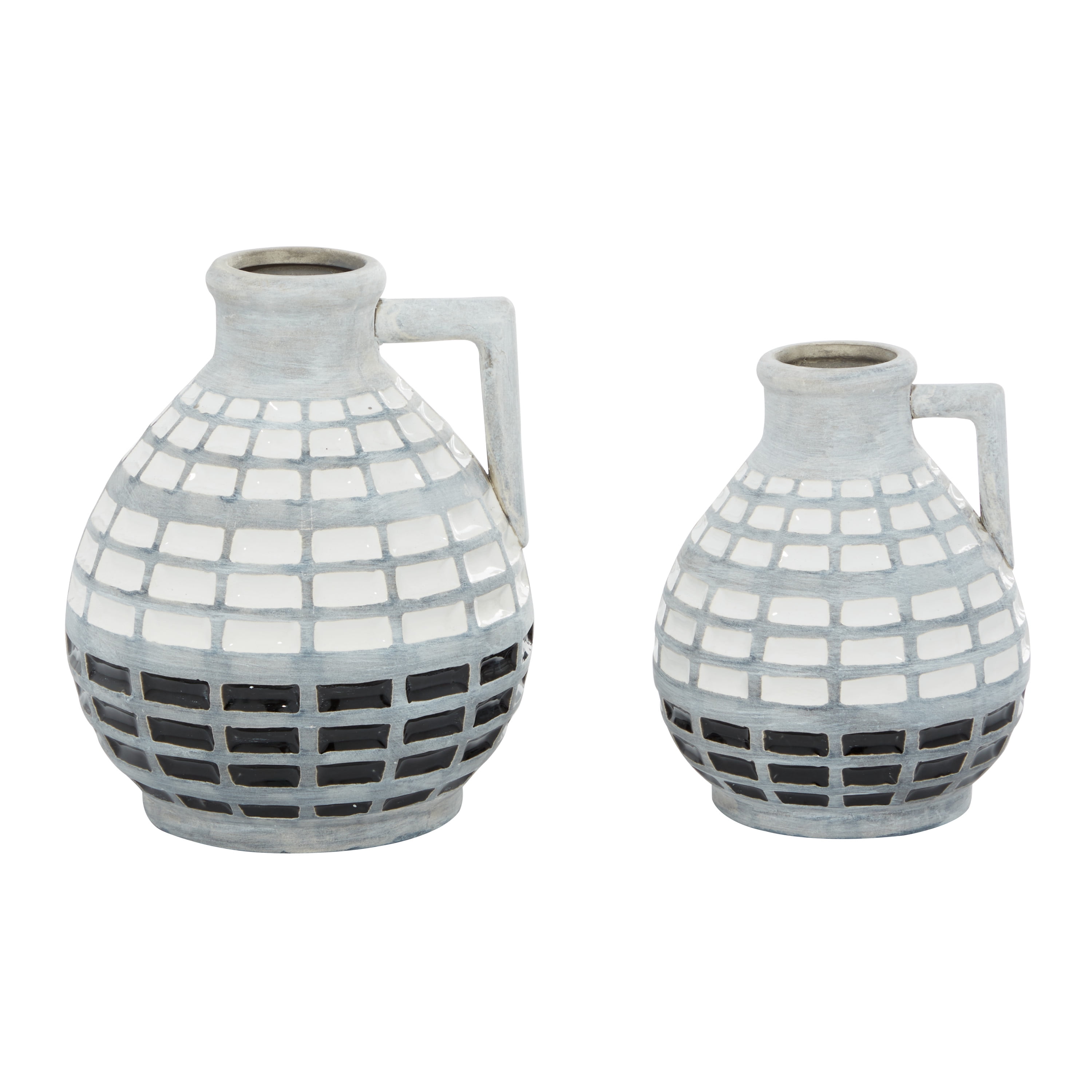 DecMode 8", 7"H Handmade Gray Ceramic Vase with Grid Pattern, Set of 2