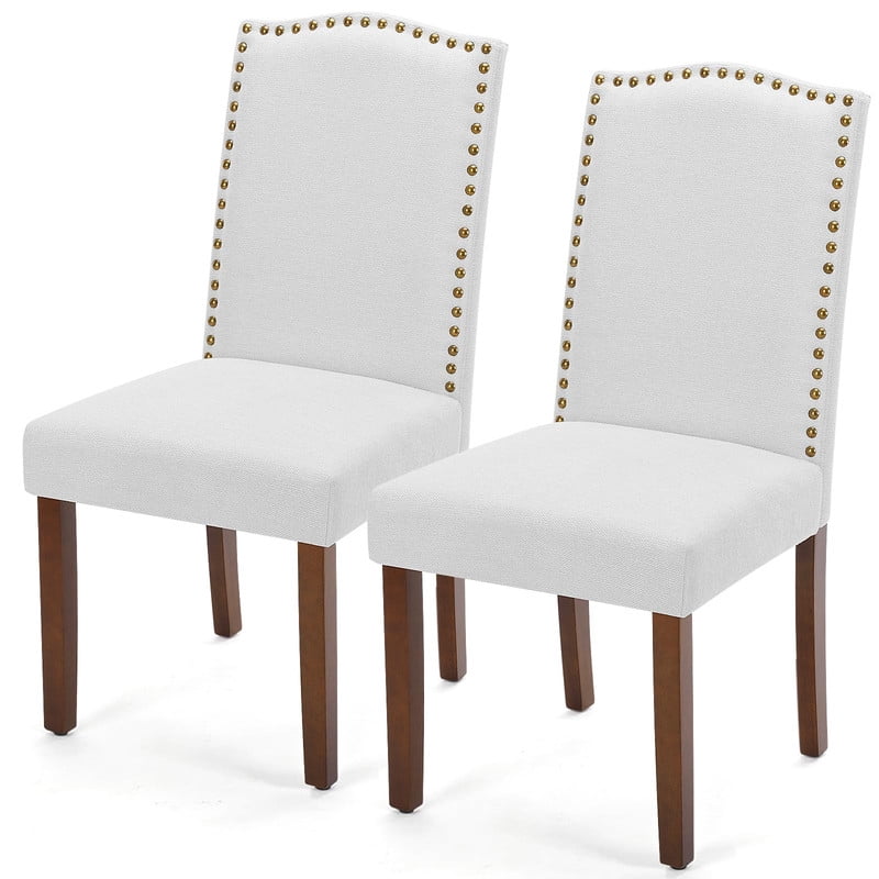 BEAUTYPEAK Dining Chairs Set of 2 Upholstered Parsons Chairs with Nailhead Trim Padded Linen Seats and Wood Legs, Gray
