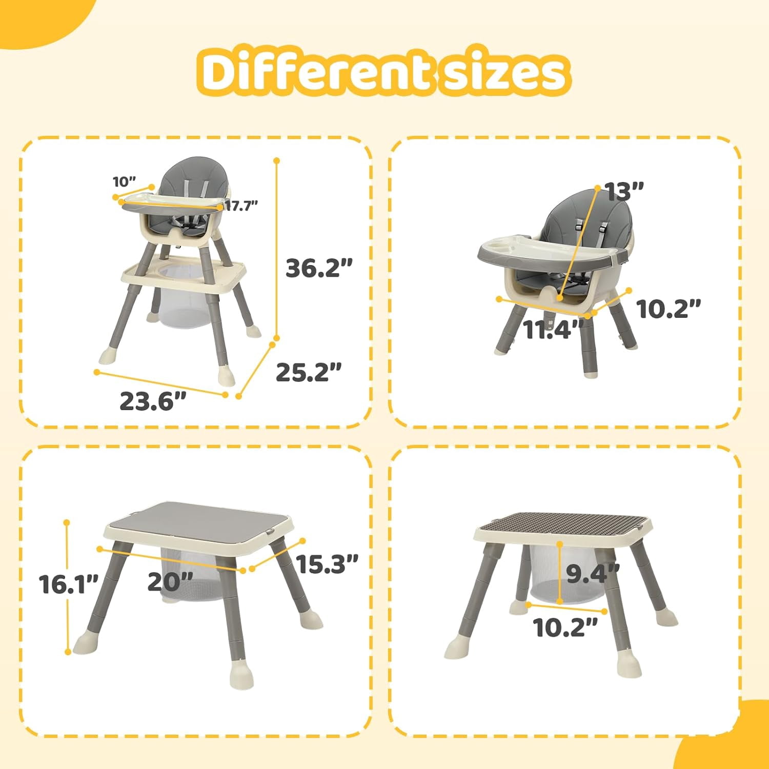 Zimtown Baby High Chair, 6 in 1 Convertible High Chairs for Babies and Toddlers, Portable Feeding Chair with 5-Point Safety Harness, Adjustable Dining Tray, Gray