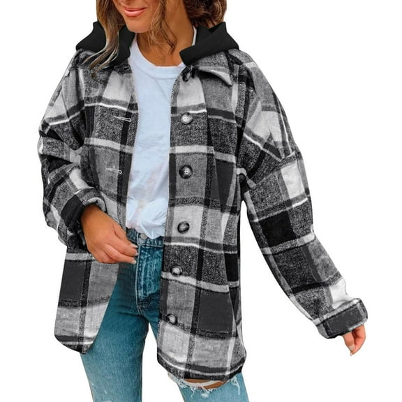 Outfmvch long sleeve shirts for women Button Down Plaid Shirts Flannel Hooded Shacket Jacket Hoodie Coats womens tops womens sweaters Black