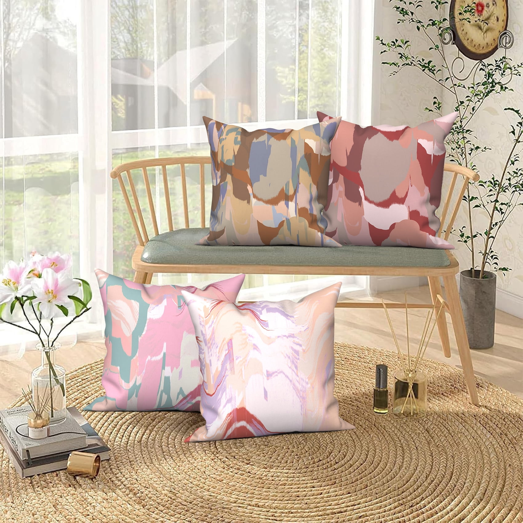 PBOBRIICH Modern Geometry Throw Pillow Case Set of 4,Watercolor Linen Pillow Cover for Living Room Bedroom Decor,16x16 Inch