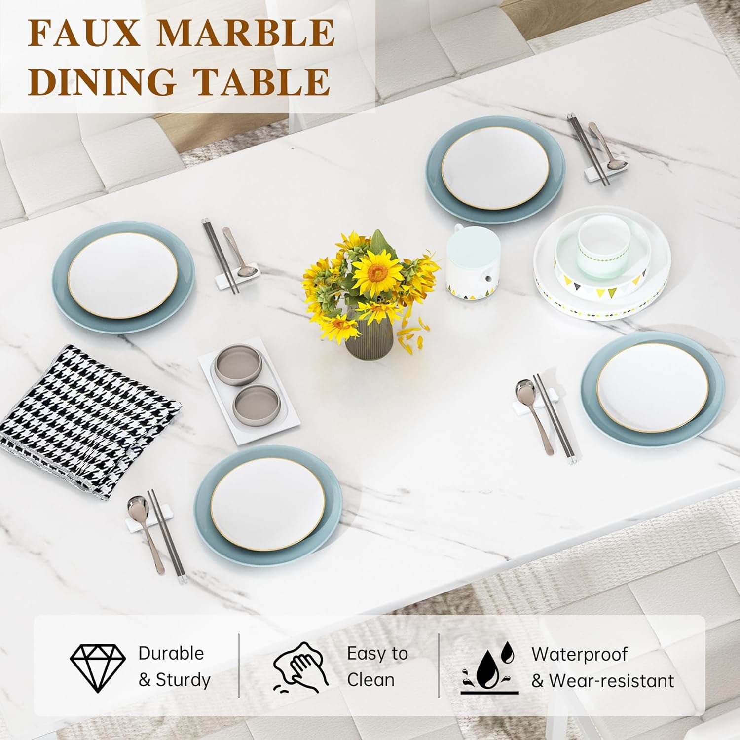 LinkRomat 5-Piece Faux Marble Dining Table Set for 4, Modern Kitchen Table with Chairs, Dinette Dining Room Furniture Set for Compact Space Saving