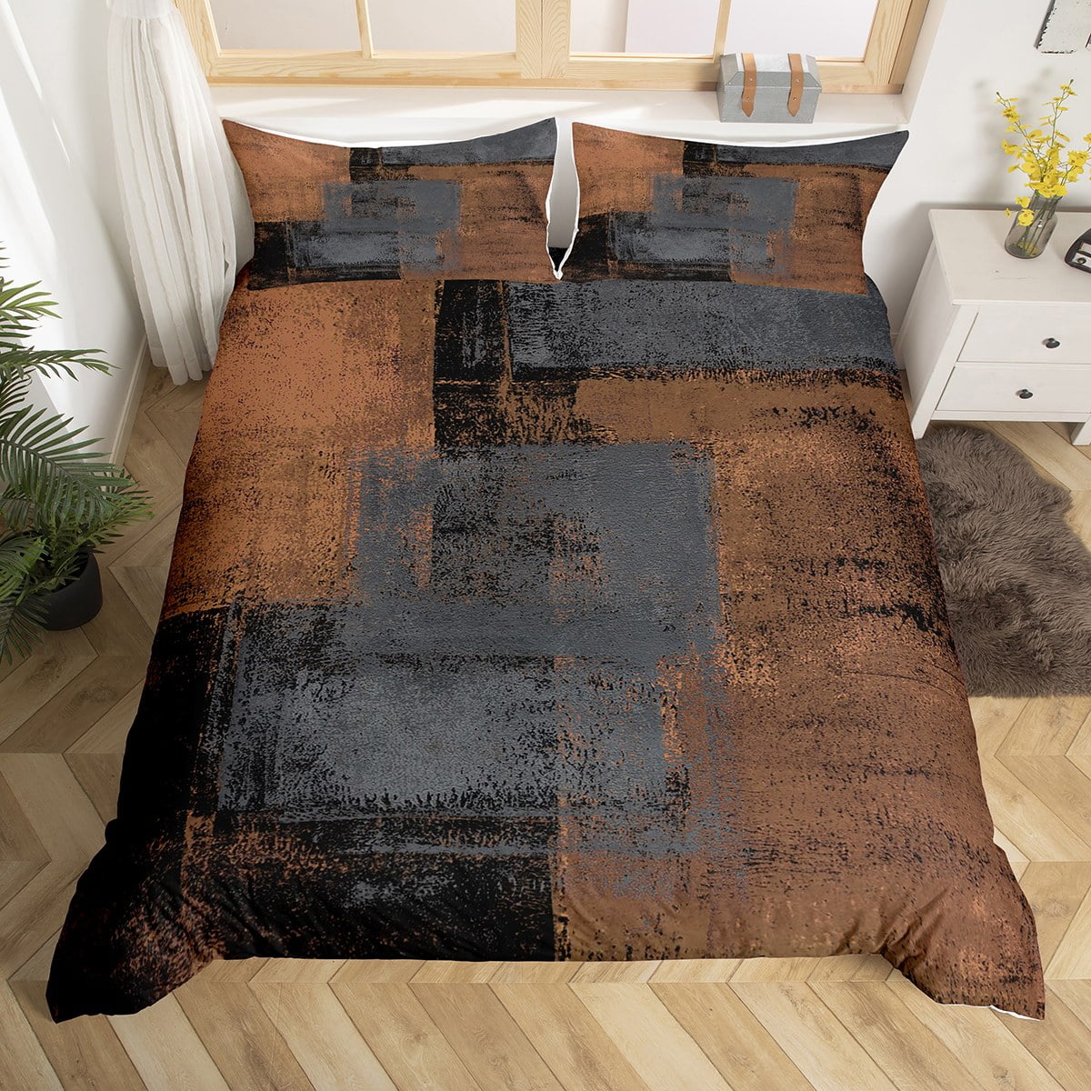 Black Brown And Grey Bedding Set For Adults Queen,Grunge Watercolor