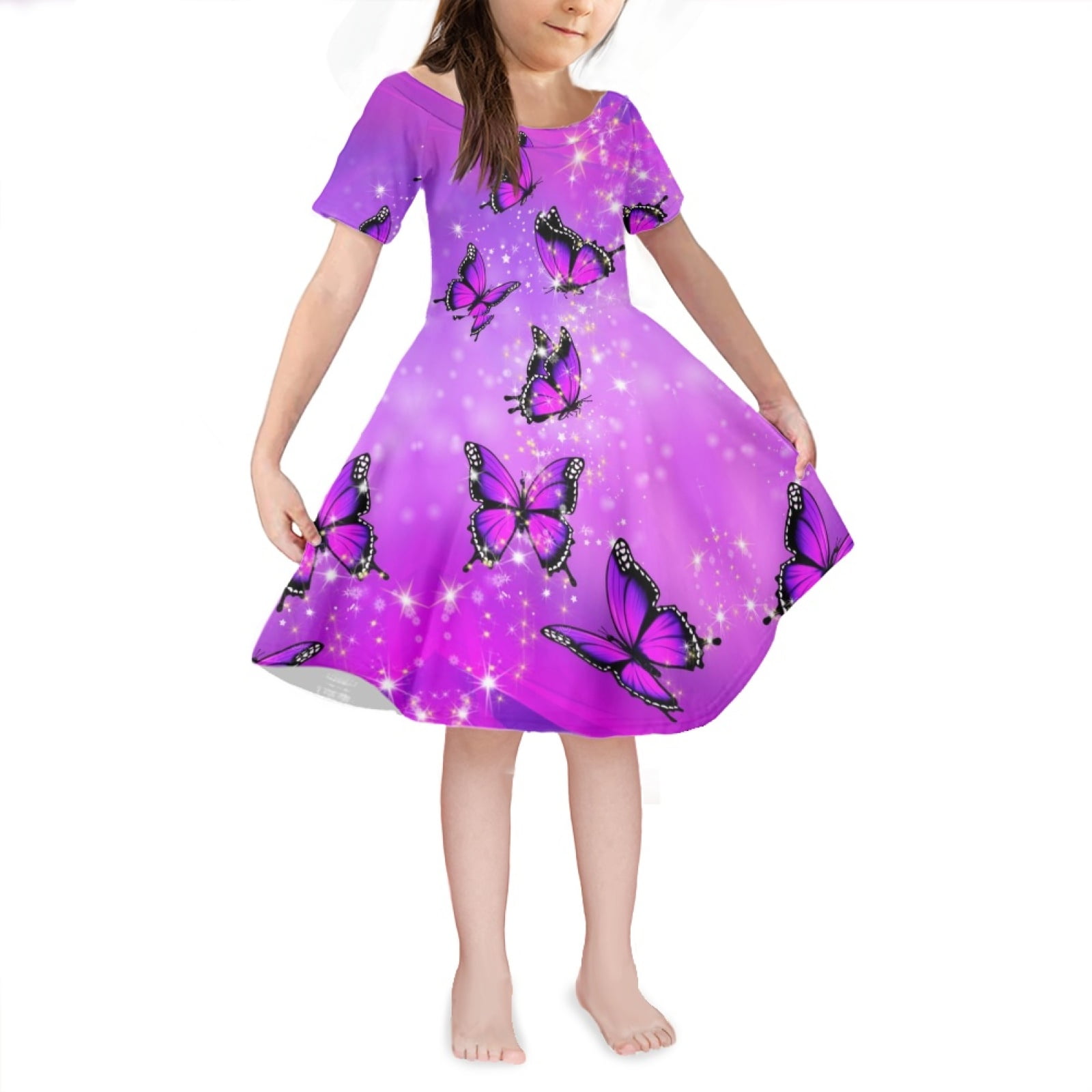NETILGEN Bling Pueple Butterflies Print Cute Teen Girl Dresses Spring