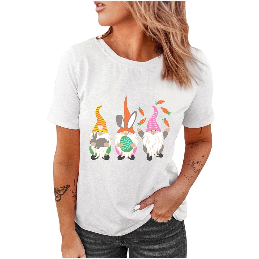 Womens White T Shirts Printed O Neck Blouse Tops Summer Casual Short Sleeve Loose Basic Tees